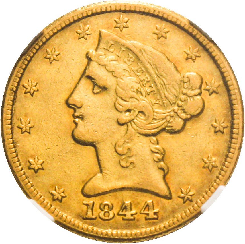 image for: 1844-C $5 NGC AU53 - Desirable Charlotte Mint Gold