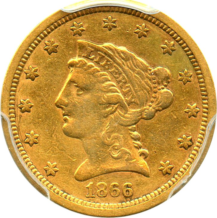 image for: 1866-S $2 1/2 PCGS/CAC VF35