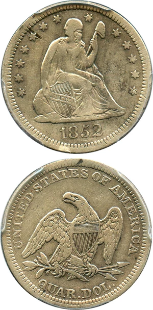 image for: 1852 25c PCGS Genuine VF Details, Cleaning - Scarce Date