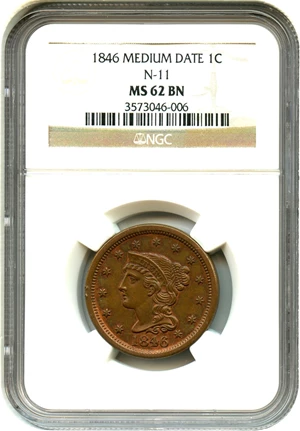 image for: 1846 1c NGC MS62 BN (Medium Date, N-11)