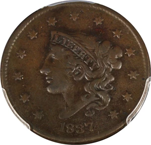 image for: 1837 1c PCGS Genuine VF Details, Environmental Damage (Medium Letters) - No Reserve!