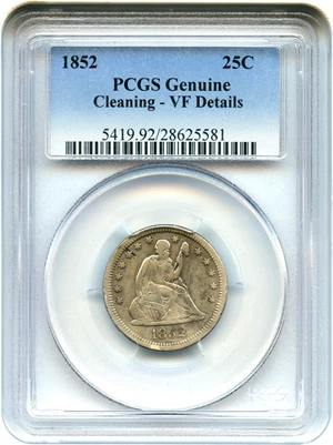 image for: 1852 25c PCGS Genuine VF Details, Cleaning - Scarce Date