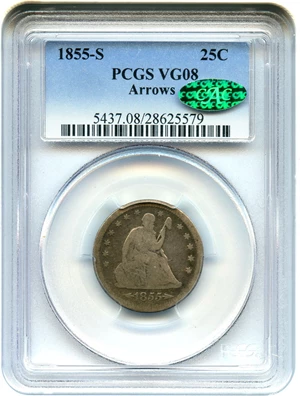 image for: 1855-S 25c PCGS/CAC VG-8 (Arrows) Scarce Date