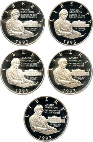 image for: Investor Lot: 1993-S Madison 50c PCGS Proof 69 DCAM(5 Coins) - No Reserve!