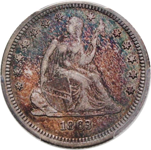 image for: 1863 25c PCGS/CAC VF35 - Colorful Toning, Civil War Year