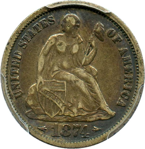 image for: 1874 10c PCGS/CAC VF35 (Arrows)