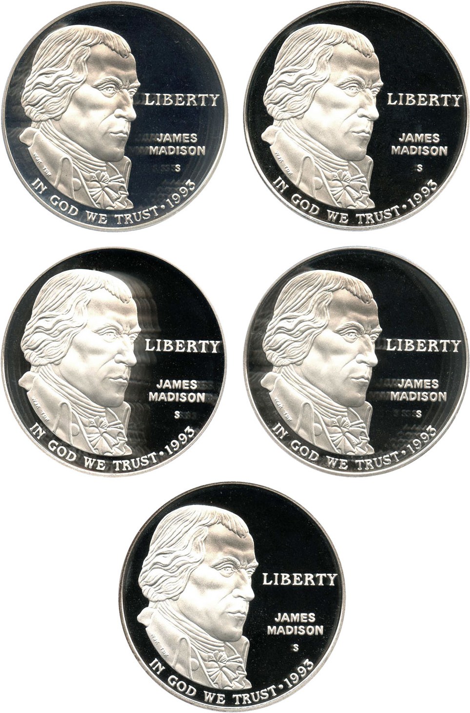 image for: Investor Lot: 1993-S Madison $1 PCGS Proof 69 DCAM (5 Coins) - No Reserve!