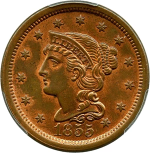 image for: 1855 1c PCGS/CAC MS65 RB (Upright 55) Great Type Coin