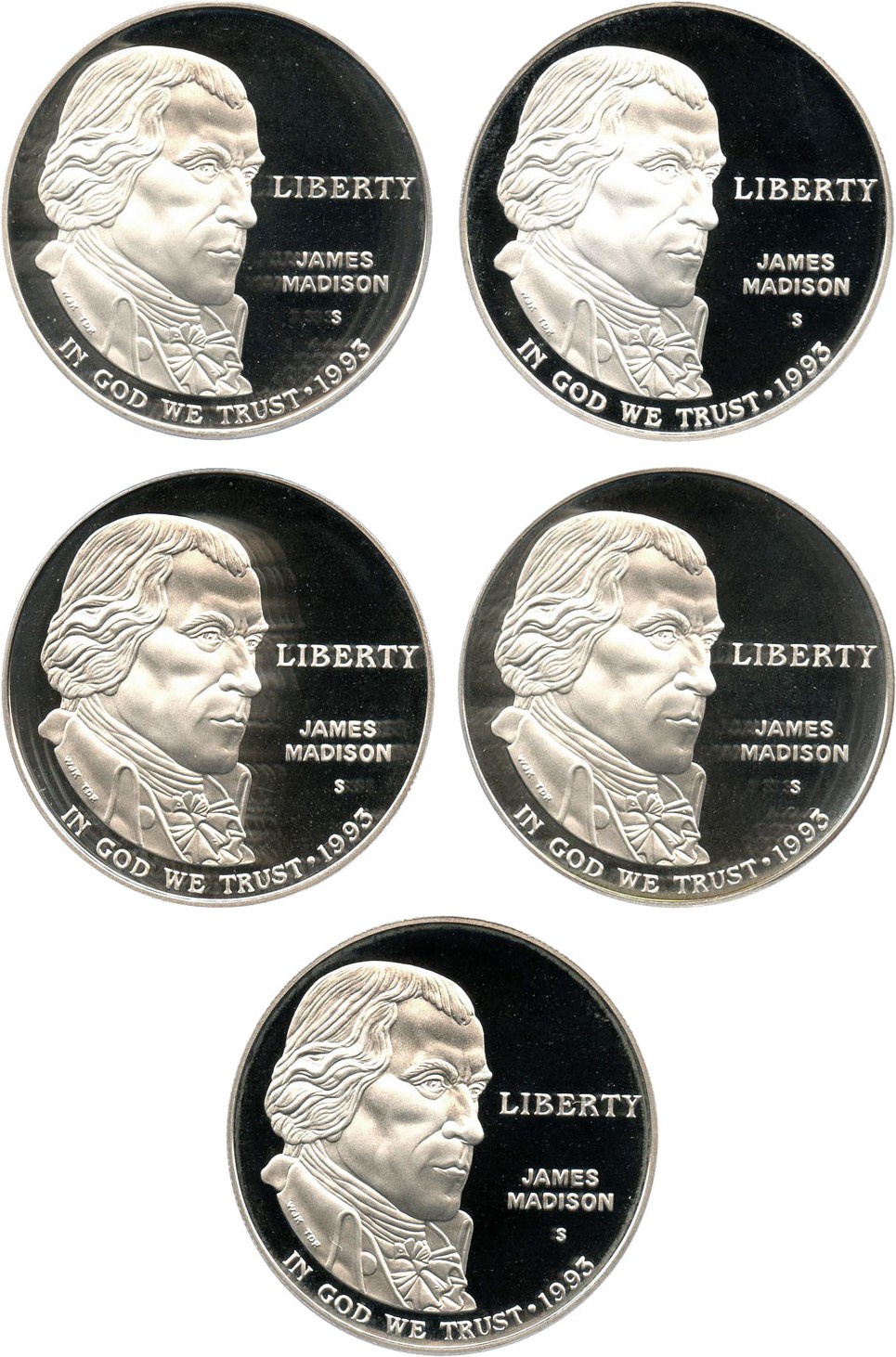 image for: Investor Lot: 1993-S Madison $1 PCGS Proof 69 DCAM (5 Coins) - No Reserve!