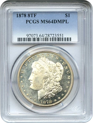 image for: 1878 8TF $1 PCGS MS64 DMPL - Rare with Deep Mirror Prooflike Surfaces