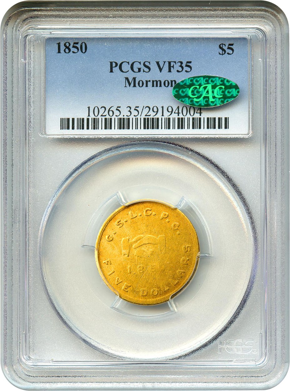 image for: Mormon 1850 $5 PCGS/CAC VF35 - Ultra-Desirable Territorial Gold