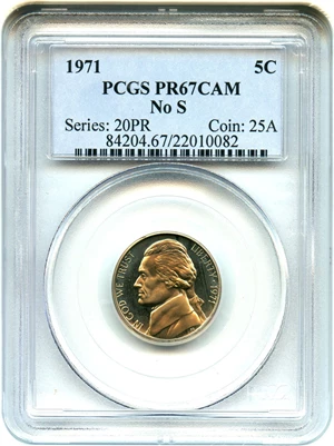 image for: 1971 No S 5c PCGS Proof 67 CAM - Scarce Mint Error