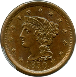 image for: 1850 1c PCGS/CAC MS65 BN - Awesome Glossy Brown Gem - No Reserve!