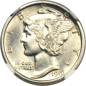 image for: 1919-D 10c NGC MS63 FB - Scarce Date, Especially with Full Bands