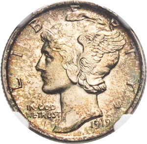 image for: 1919-D 10c NGC MS63 FB - Scarce Date, Especially with Full Bands