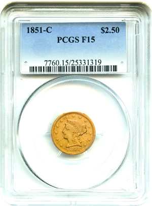 image for: 1851-C $2 1/2 PCGS F15 - Affordable Charlotte Mint Gold