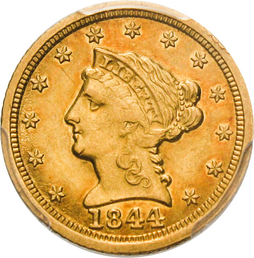 image for: 1844-D $2 1/2 PCGS/CAC AU53 - Scarce Dahlonega Gold Quarter Eagle