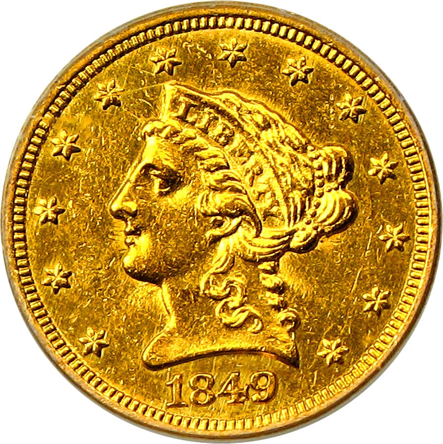 image for: 1849-C $2 1/2 PCGS AU58 - Scarce Charlotte Quarter Eagle