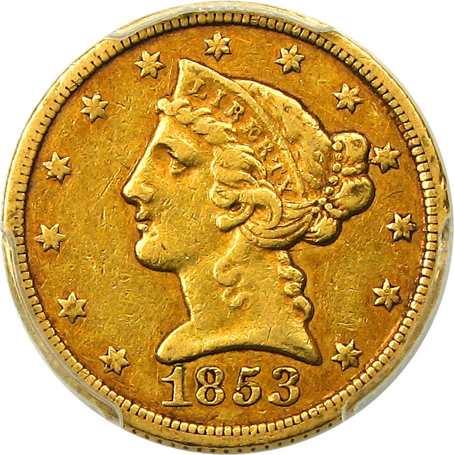 image for: 1853-C $5 PCGS/CAC XF45 - Popular Charlotte Gold Half Eagle