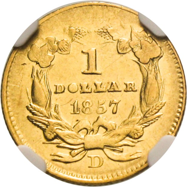 image for: 1857-D G$1 NGC AU58 - Scarce Dahlonega Gold Dollar, Comes with Original 1975 Auction Tag