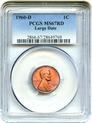 image for: 1960-D 1c PCGS MS67 RD (Large Date) Registry Quality Gem, Tied for Finest at PCGS