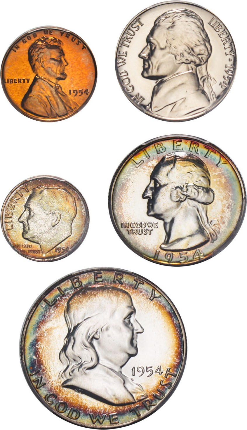 image for: 1954 Proof Set 1c-50c PCGS Proof 63-67 (5 Coins) Pretty Toning
