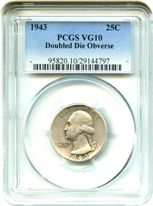 image for: 1943 25c PCGS VG-10 (Doubled Die Obverse) Affordable Key Variety