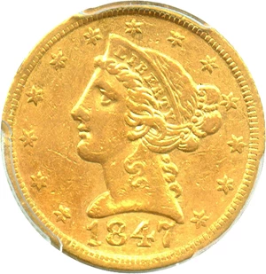 image for: 1847-D $5 PCGS XF40 - Desirable Dahlonega Half Eagle