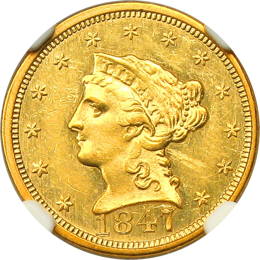 image for: 1847 $2 1/2 NGC MS60 - Scarce Low Mintage Quarter Eagle - ex: Bass Collection