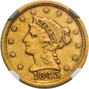 image for: 1843-C $2 1/2 NGC XF45 (Large Date) Popular Charlotte Mint Gold