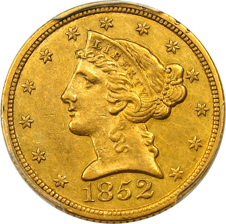 image for: 1852-C $5 PCGS AU53 - Desirable Charlotte Half Eagle
