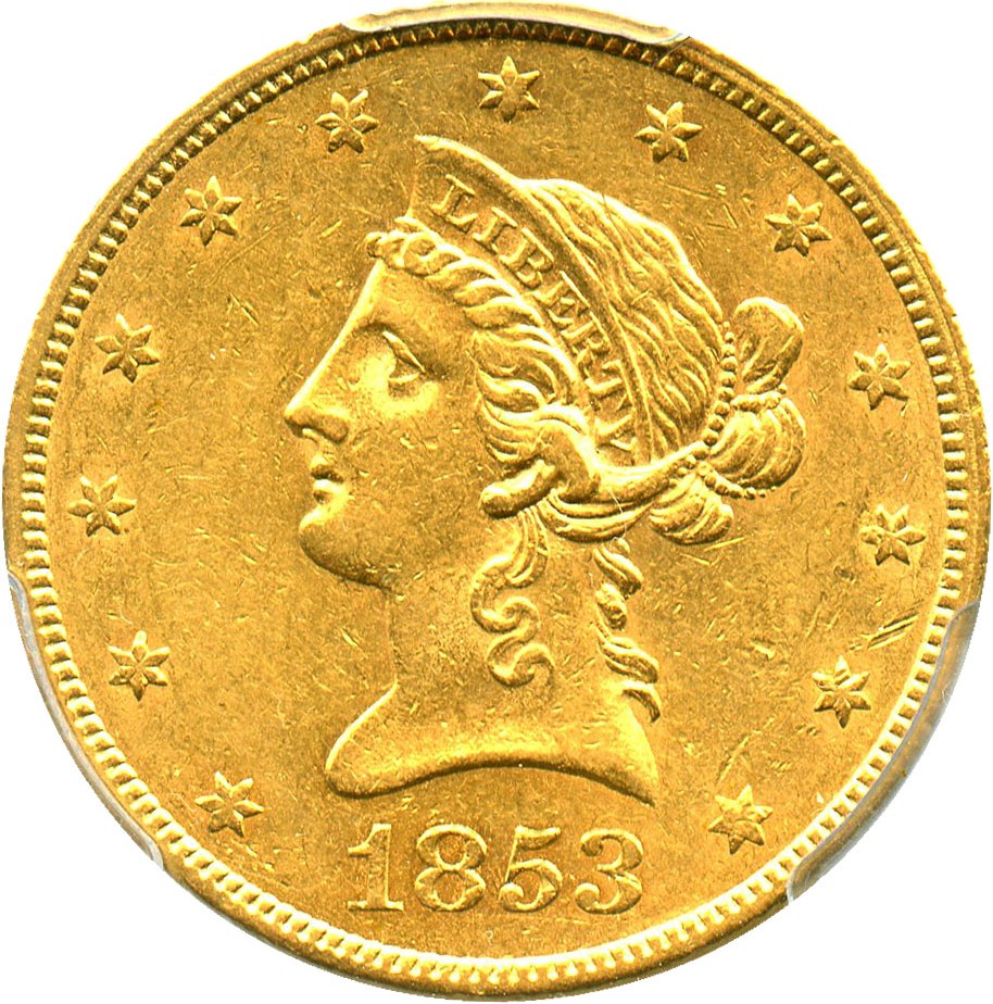 image for: 1853 $10 PCGS AU55 - No Motto Eagle Type Coin