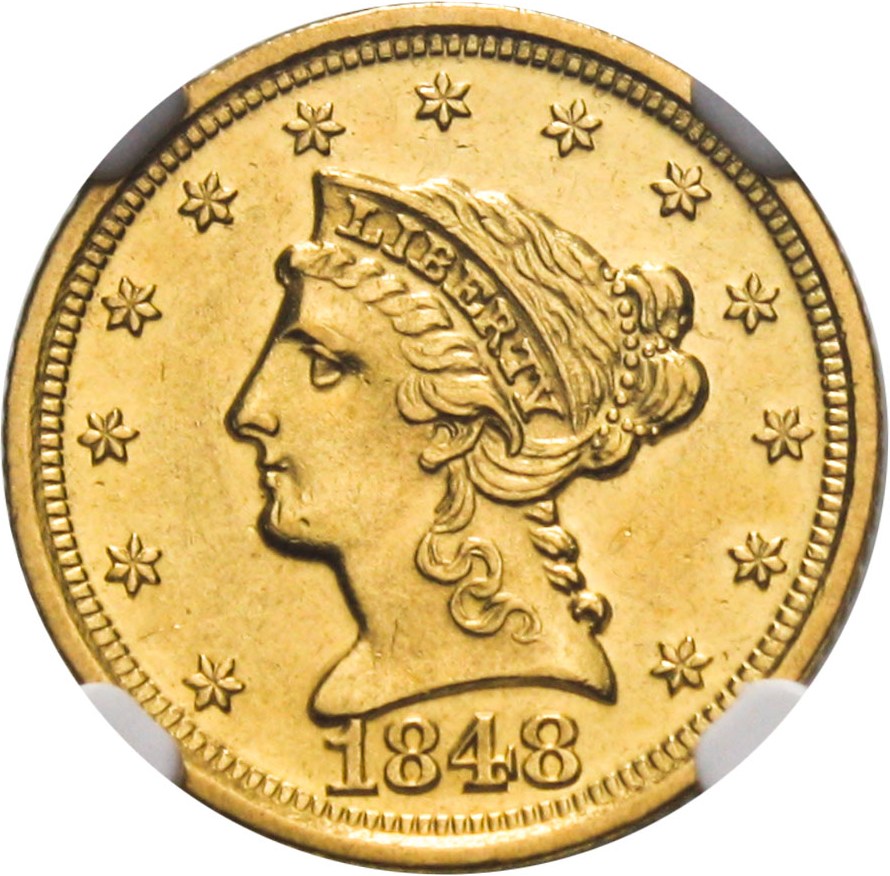 image for: 1848-D $2 1/2 NGC AU58 - Scarce Dahlonega Gold Issue