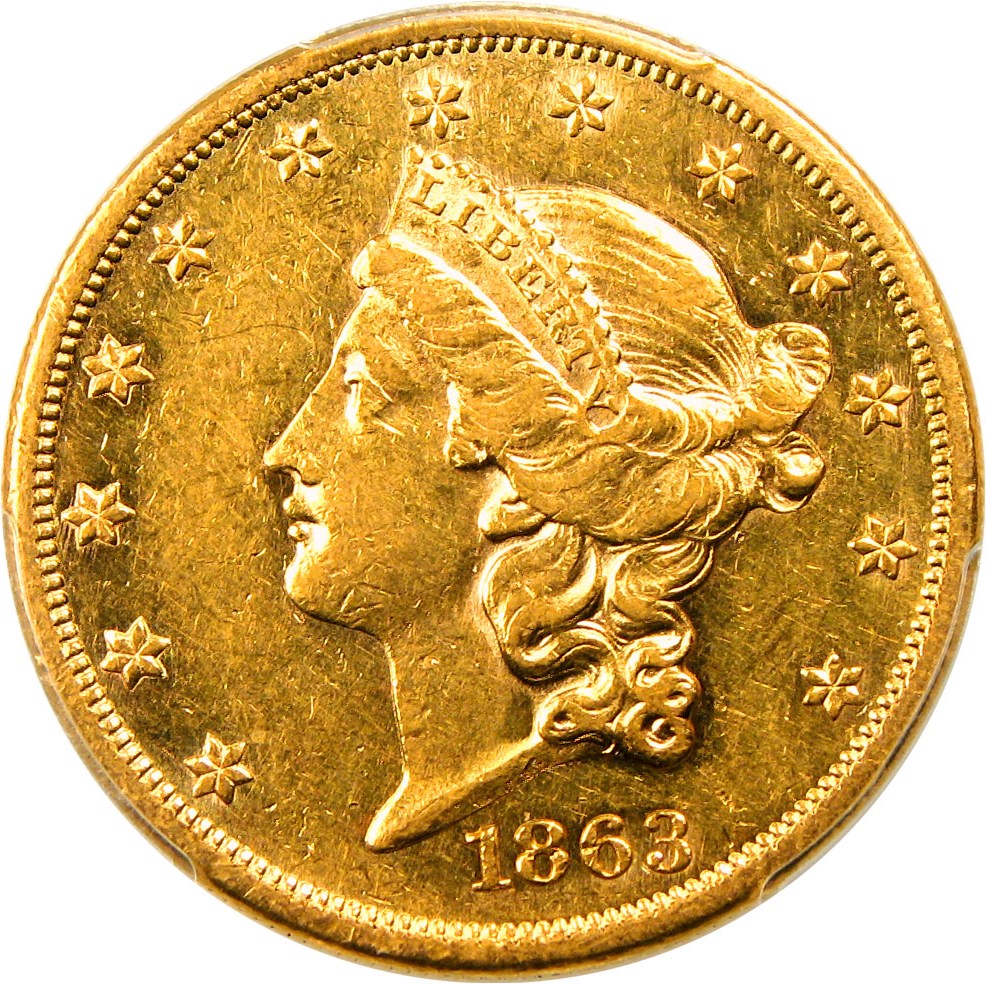 image for: 1863 $20 PCGS AU53 - Rare Civil War Double Eagle