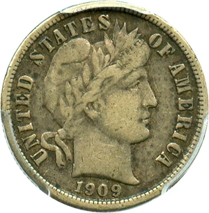 image for: 1909-S 10c PCGS/CAC VF30