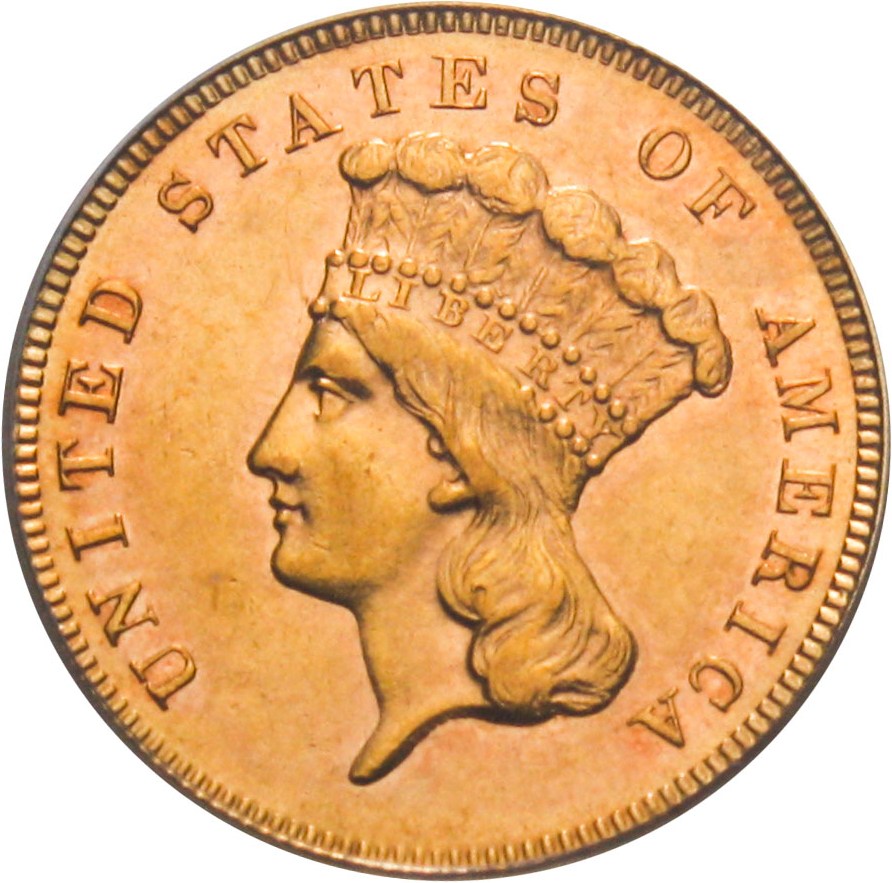 image for: 1886 $3 PCGS/CAC AU58 - Low Mintage Princess Gold