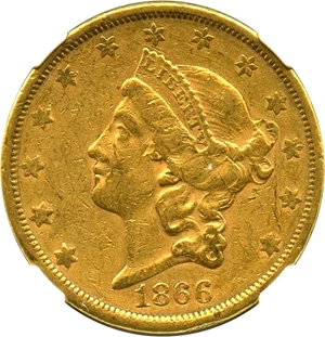 image for: 1866-S $20 NGC AU50 (Motto) Scarce Date