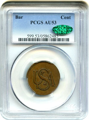 image for: Bar Cent PCGS/CAC AU53 - Extremely Popular & Scarce Colonial Issue