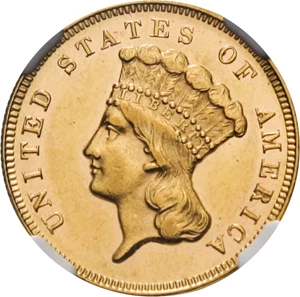 image for: 1870 $3 NGC AU58 - Very Scarce Low Mintage Issue