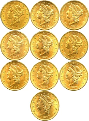 image for: Collector Lot: Assorted Liberty $20 PCGS AU58 (10 Coins) - No Reserve!