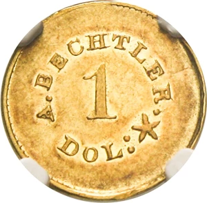 image for: (1842-50) A.Bechtler $1 NGC AU58 (Plain Edge, 27GR, 21C) Affordable Territorial Gold