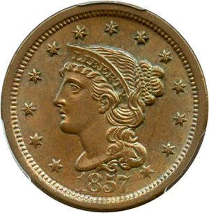 image for: 1857 1c PCGS/CAC MS64 BN (Large Date)
