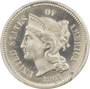 image for: 1865 3cN PCGS Proof 65 CAM - Key, First Year Proof