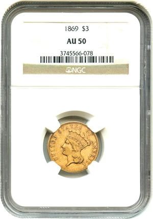 image for: 1869 $3 NGC AU50 - Low Mintage Princess $3 Gold