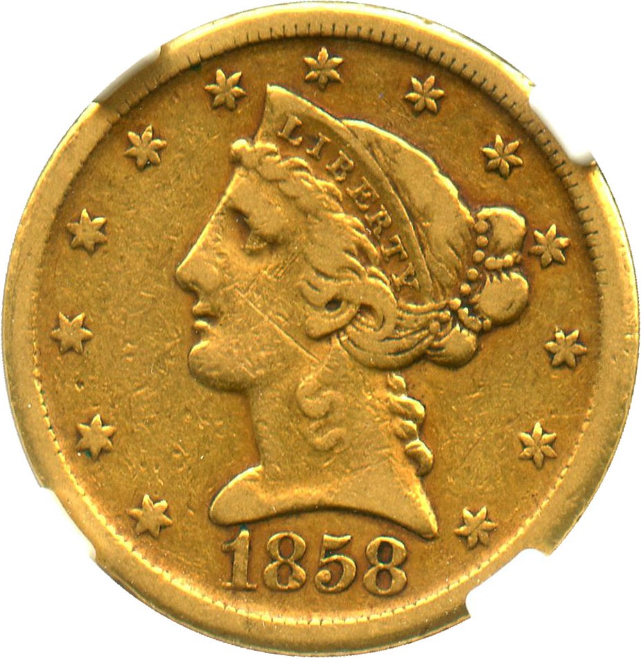 image for: 1858-D $5 NGC/CAC VF30 - Affordable Dahlonega Gold Coin