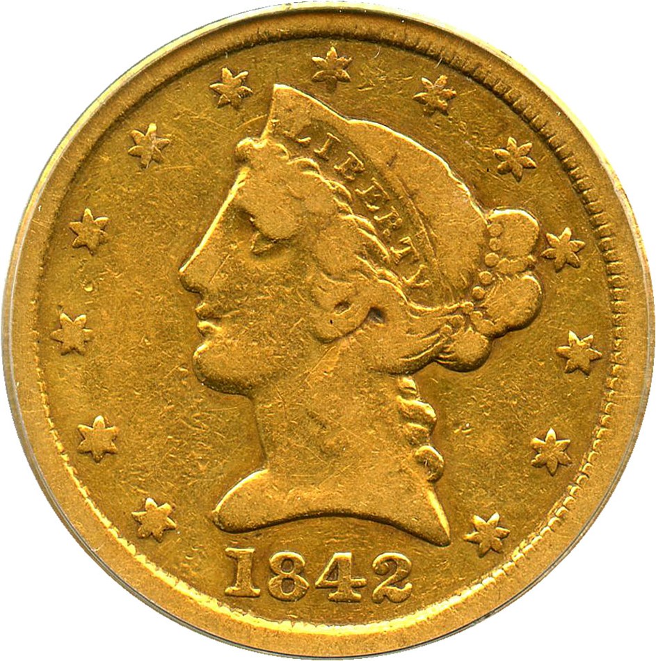 image for: 1842-C $5 PCGS F12 (Large Date) Affordable Charlotte Gold Coin