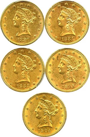 image for: Collector Lot: 1880, 1881, 1882, 1893, 1904 $10 PCGS MS60 (5 Coins) - No Reserve!