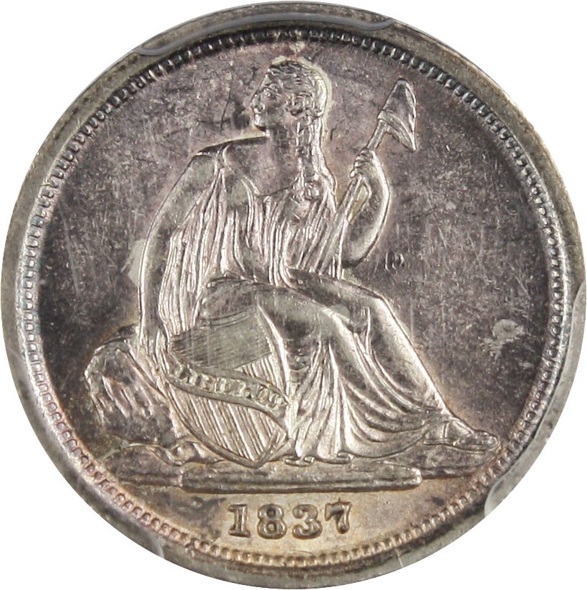 image for: 1837 10c PCGS AU58 (No Stars, Small Date) Popular 1-Year Type Coin - Colorful Toning