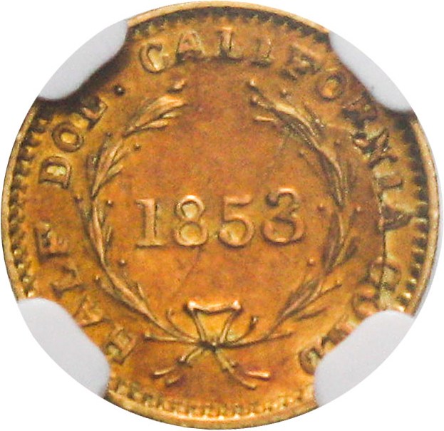 image for: 1853/2 Cal. Gold 50c NGC MS61 (BG-409, Round Liberty)