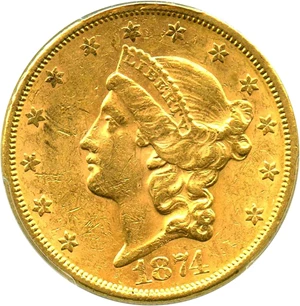 image for: 1874-S $20 PCGS AU58 - No Reserve!